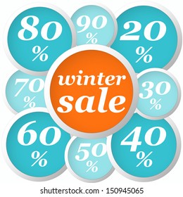 winter flat orange and blue circle labels with discounts and text