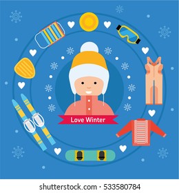 Winter flat sports icons. Girl with winter vacation items concept. Sun, ski, sweater, sleds, snowboard, jumpsuit, safety glasses and winter scooter web icon set.