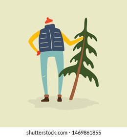 Winter flat style vector character. Illustration of a man with christmas tree