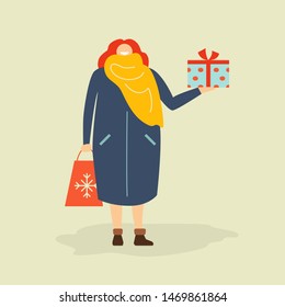 Winter flat style vector character. Illustration of a woman holding gifts 