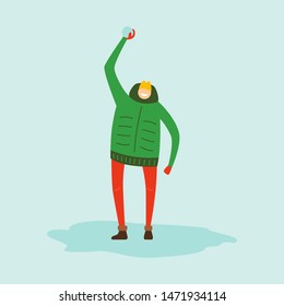 Winter flat style vector character. Illustration of a man throwing a snowball 