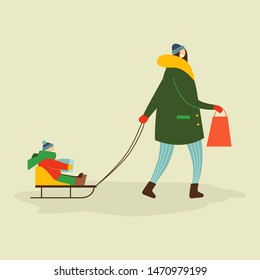Winter flat style vector characters. Illustration of a mother with her child on a sled