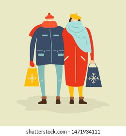 Winter flat style vector characters. Illustration of a couple standing together and holding gift bags 