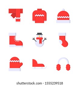 Winter Flat Vector Icon Set 1, Scarf, Sweater, Beanie, Boot, Snowman, Sock, Glove, Sled and Earmuff