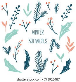Winter flora: branches, leaves and berries for Merry Christmas wreath. Hand drawn winter holiday illustration with botanical elements. Template for invitation, postcard, greeting card