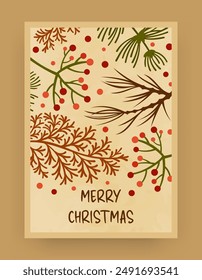 Winter flora. Christmas postcard or card design with coniferous forest tree branches, red berries and plant green leaves. Xmas poster with congratulation festive text. Vector botanical illustration