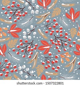 Winter Flora. 
Winter seamless pattern, inspired by the cold, approaching winter, red rowan berries and merry Christmas. 
