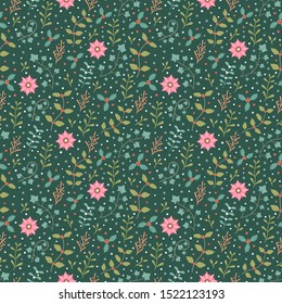 Winter flora and snowflake seamless scandinavian folk pattern vector background Christ mas theme 