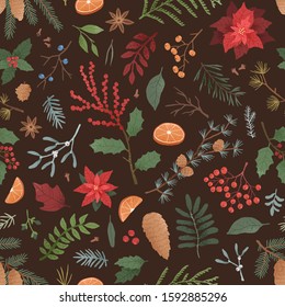 Winter flora vector seamless pattern. Hand drawn poinsettia flower, coniferous twigs and orange slices on dark background. Traditional Christmas symbols. Xmas time, New Year wallpaper design.