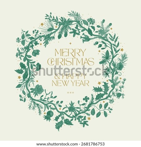 Winter flora. Vintage wavy circle wreath. Merry Christmas and Happy New Year. Greeting floral card. Emerald ang gold
