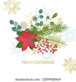 Winter floral arrangement with flying golden snowflakes. bouquet with flowers, winter plants, and twigs of berries. Merry Christmas card for your design