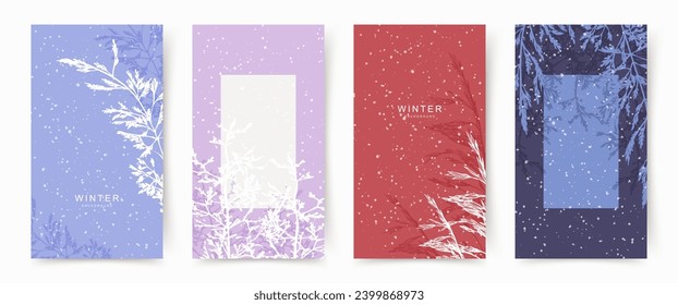 Winter floral background templates with snow texture. Elegant Christmas vector design, frame for social media post and story, card, cover, wedding invitation, poster, mobile apps, web advertising