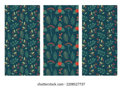 Winter floral backgrounds. Set of flat botanical seamless patterns.Merrry Christmas and New Year universal vector ornament. Collection floral, botanical elements, leaves, holly berries, mistletoe.