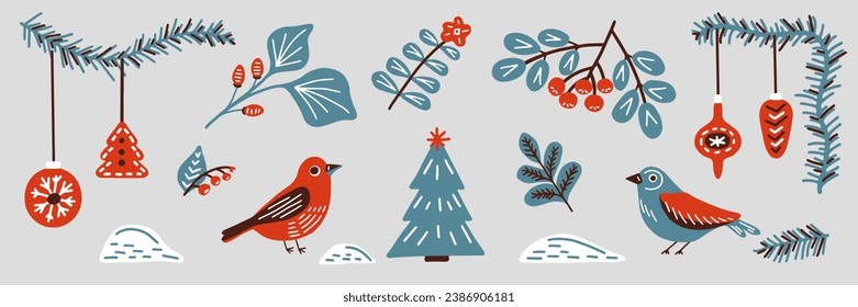 Winter floral and bird in Scandinavian simple retro style. Vintage hand drawn cartoon clipart - branch, berry, toy, decoration for Christmas card, poster, flyer, print and pattern. Vector illustration