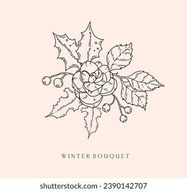 Winter floral botanical black line art bouquet. Christmas pine cones, fir branches leaves line art hand drawn sketch arrangement. Vector illustration for wedding invitation save the date card