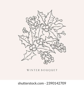 Winter floral botanical black line art bouquet. Christmas holly jolly, berries leaves line art hand drawn sketch arrangement. Vector illustration for wedding invitation save the date card