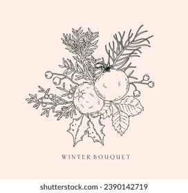 Winter floral botanical black line art bouquet. Christmas pomegranate, orange, fir branches, leaves line art hand drawn sketch arrangement. Vector illustration for wedding invitation card