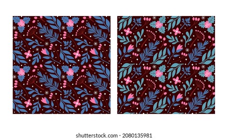 Winter floral botanical pattern set. New Year and Christmas background. Seamless vintage patterns with flowers, pine branch, mistletoe, leaves, berries. For cards, wrapping paper, banner, textiles.