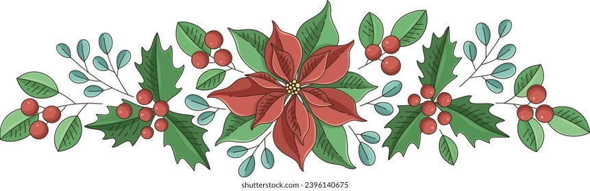 Winter floral bouquet of vector graphic elements. Merry Christmas and New Year design for invitation and greeting card, prints and posters.  Hand drawn decorative plants