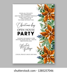 Winter floral Christmas Party Invitation with floral wreath of poinsettia flower fir branch berry