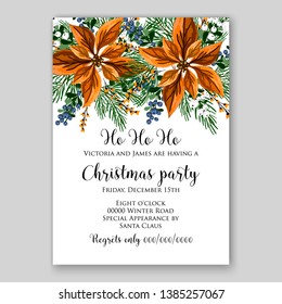 Winter floral Christmas Party Invitation with floral wreath of poinsettia flower fir branch berry