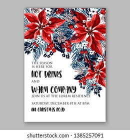 Winter floral Christmas Party Invitation with floral wreath of poinsettia flower fir branch berry