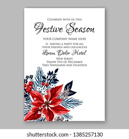 Winter floral Christmas Party Invitation with floral wreath of poinsettia flower fir branch berry
