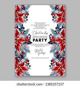 Winter floral Christmas Party Invitation with floral wreath of poinsettia flower fir branch berry