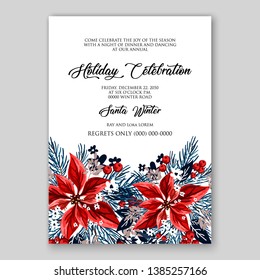 Winter floral Christmas Party Invitation with floral wreath of poinsettia flower fir branch berry