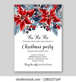 Winter floral Christmas Party Invitation with floral wreath of poinsettia flower fir branch berry