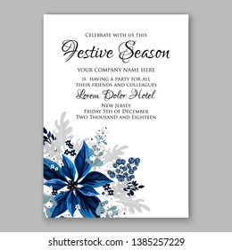 Winter floral Christmas Party Invitation with floral wreath of poinsettia flower fir branch berry