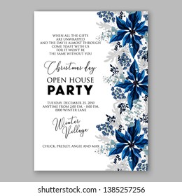 Winter floral Christmas Party Invitation with floral wreath of poinsettia flower fir branch berry