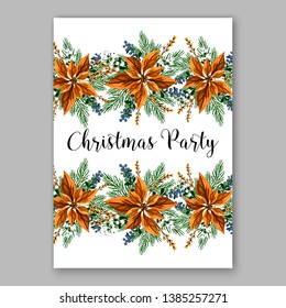 Winter floral Christmas Party Invitation with floral wreath of poinsettia flower fir branch berry