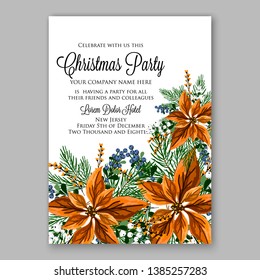 Winter floral Christmas Party Invitation with floral wreath of poinsettia flower fir branch berry