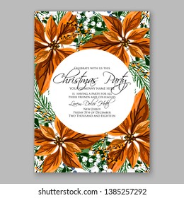 Winter floral Christmas Party Invitation with floral wreath of poinsettia flower fir branch berry
