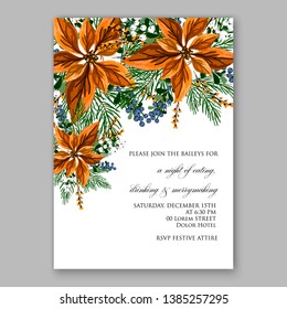 Winter floral Christmas Party Invitation with floral wreath of poinsettia flower fir branch berry