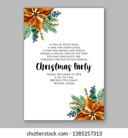 Winter floral Christmas Party Invitation with floral wreath of poinsettia flower fir branch berry