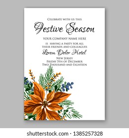 Winter floral Christmas Party Invitation with floral wreath of poinsettia flower fir branch berry