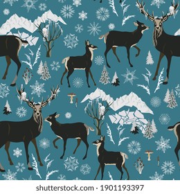 Winter floral forest, deer, snow mountains vector seamless pattern. Square design for fabric, wallpaper, wrapping paper, invitation card. Blue background.