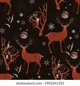 Winter floral forest, deer, snow mountains vector seamless pattern. Square design for fabric, wallpaper, wrapping paper, invitation card. Black and red color background.