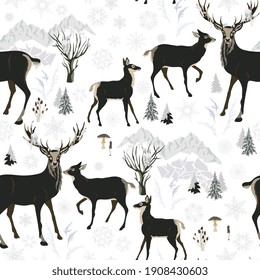 Winter floral forest, deer, snow mountains vector seamless pattern. Square design for fabric, wallpaper, wrapping paper, invitation card. White and black background.