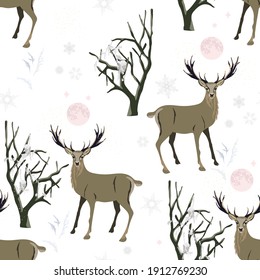 Winter floral forest, deer, snow mountains vector seamless pattern. Square design for fabric, wallpaper, wrapping paper, invitation card. White and black color background.