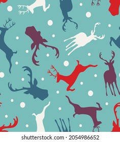 Winter floral forest, deer, snow mountains vector seamless pattern. Square design for fabric, wallpaper, wrapping paper, invitation card.