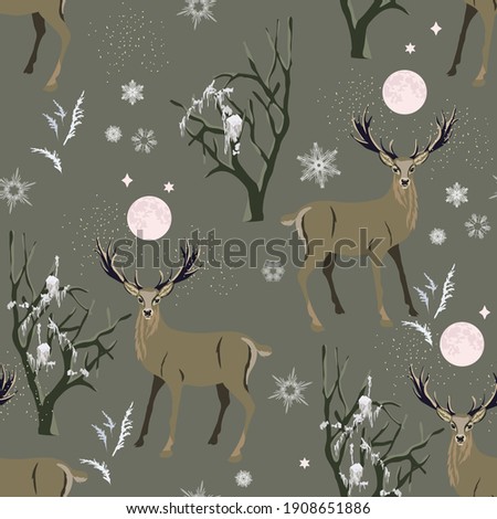 Winter floral forest, deer, snow mountains vector seamless pattern. Square design for fabric, wallpaper, wrapping paper, invitation card. Broun and grey background.