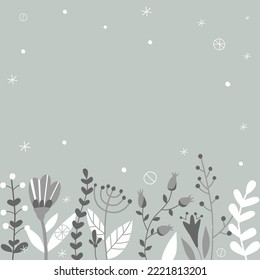 Winter floral frame at the bottom of the file. Monochrome colors. Ideal for New Year and Christmas cards, printing on fabric, paper, mugs, backpacks, merch