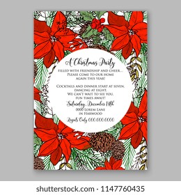 Winter floral holiday red poinsettia fir cone pine branch Merry Christmas Party Invitation printable template card