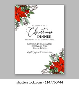 Winter floral holiday red poinsettia fir cone pine branch Merry Christmas Party Invitation printable template card