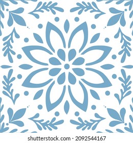 winter floral ornament. Seamless pattern for textile and wallpapers, Mandala Pattern Doodle Good Mood spring flower blue