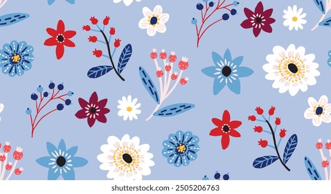 Winter floral pattern, seamless texture, large scale background. Hand drawn flowers and branches, berries and twigs on pastel blue background. Gift wrapping paper, stationery design.