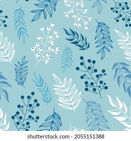 Winter floral pattern in trendy style.    Vector winter print. Floral background. Hand drawn vector plants and berries seamless texture design